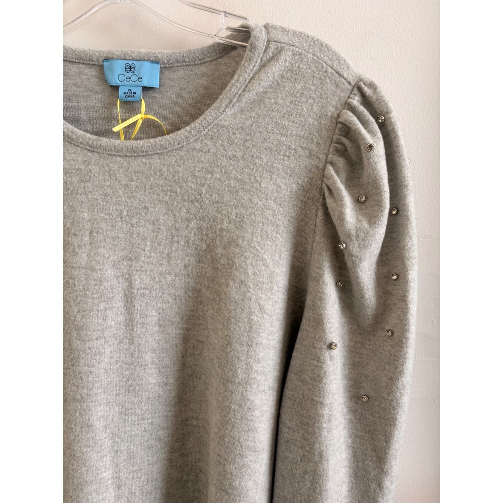 CeCe Heather Gray Rhinestone Puff Sleeve Knit Top XL New With Tags - Picture 4 of 7